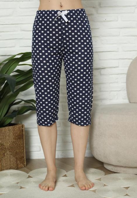 Pantaloni pijama damă 3/4, bleumarin, imprime cu buline, engros